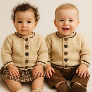 Baby Sweater Hand Knit Style Animal Buttons Holiday Cardi Cottage BeigeBrown 12M